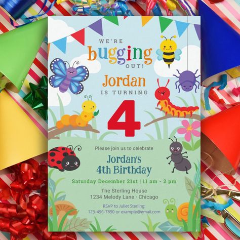 Bug Birthday Invitation Cute Colorful Bug Party I Invitation - Kids Birthday Bug Hunt, Bug Party, Rainbow Bunting, Insects Theme, Toddler Birthday, Kids Birthday Cards, Birthday Invitations Kids, Zazzle Invitations, 4th Birthday