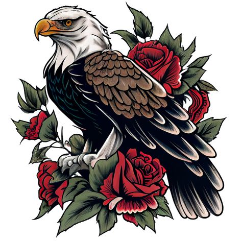 Traditional American Tattoo Vintage Eagle Tattoo, Red Eagle Tattoo, Eagle With Rose Tattoo, Eagle And Rose Tattoo, Eagle Rose Tattoo, 123 Tattoo, Eagle Drawings, American Traditional Eagle, Tattoo Designs Traditional