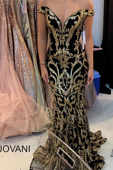 Gold And Black Gowns Elegant, Black And Gold Prom Dress, Black And Gold Gown, Embellished Prom Dress, Prom Dresses Off The Shoulder, African Prom Dresses, Formal Evening Wear, Gold Prom Dresses, Gold And Black Dress