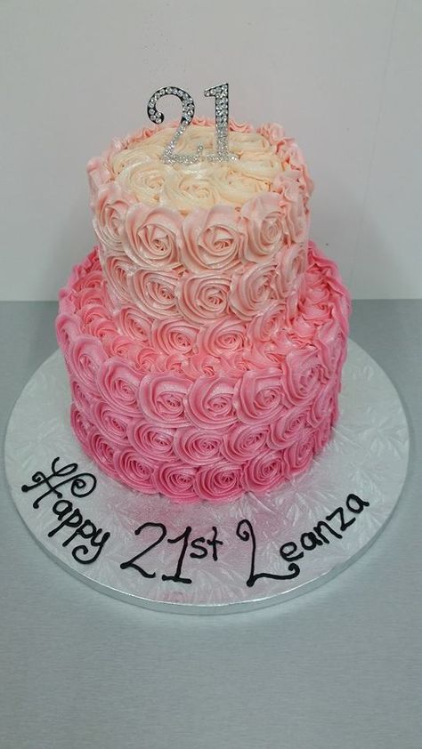 50 Shades Of Pink Cake Ideas, 2 Teir Cakes Birthday Pink, 2 Tear Cakes, Two Teir Birthday Cakes, Pink Rosette Cake, 24th Birthday Cake, Tire Cake, Pink Rose Cake, 19th Bday