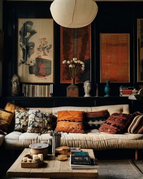 Moody Walls Living Room, Modern Moody Interior Design, Cozy Moody Home, Southwestern Gothic Decor, Eclectic Maximalism Apartment, Dark Romantic Living Room, Vintage Leather Couch Living Room, Red Brick Interior Living Rooms, Dark Living Room Walls