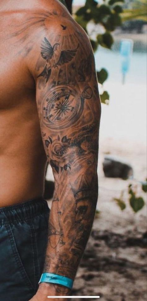 Men’s Half Arm Sleeve Tattoo, Chest And Arm Tattoo Men Ideas, Chest Shoulder Arm Tattoo Men, Compas Sleeve Tattoos For Guys, Shoulder Tattoo Guys, Original Tattoos Men, Back Shoulder Tattoo Men Ideas, Sleeve And Chest Tattoo Men, Surrounding Tattoo Ideas