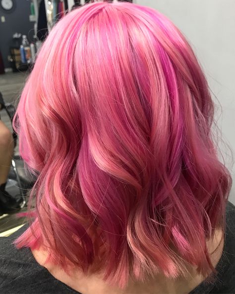 Pink hair magenta haircolor pulpriot funky color peach color hot pink hair Instagram---> Gina_styles4u Multi Color Pink Hair, Multi Pink Hair, Pink Strands In Blonde Hair, Pink Hair Magenta, Flamingo Pink Hair, Pink And Orange Hair, Coral Hair, Hot Pink Hair, Oc Board