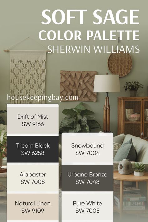 Soft Sage Color Palette – Cozy and Natural Vibes from Sherwin Williams Sw 9166 Drift Of Mist, Sunbleached Sw, Drift Of Mist Sherwin Williams, Drift Of Mist, Sage Living Room, Sage Color Palette, Sherwin Williams Snowbound, Urbane Bronze, Tricorn Black