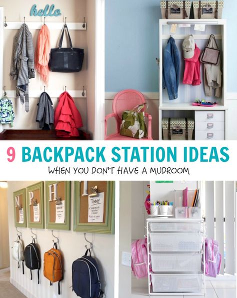 Eliminate disorganization & stress when nothing is in the right spot. 9 Easy Backpack station ideas to get organized & always find what you need. #organizekids Backpack Organization Inside, Backpack Storage Small Space, Bookbag Storage At Home, School Drop Zone, Bookbag Organization, Organization Backpack, Bookbag Storage, Backpack Station, Kids School Organization