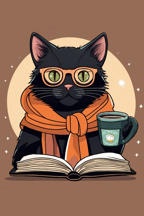 Cute Cozy Black Cat Reading Book Hoodie Cat Writing Illustration, Animals Drinking Coffee, Cat Coffee Art, Black Cat Reading, Ink Reference, Cat Drinking Coffee, Cat Reading Book, Reading Wallpaper, Reading Books Illustration