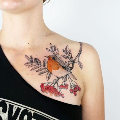 Tattooer, Wroclaw, Poland on Instagram: “Robin bird, first fattoo for Kamila 🌿🍃🌱 @nasza_tattoo_shop #tattoo #tattoos #ink #prague #czech #wroclaw #poland #bird #robin #mountainash…” Rowan Tattoo, Chest Tattoo Birds, Dzo Lama, Colorful Bird Tattoos, Robin Bird Tattoos, Poland Tattoo, Bird Tattoo Sleeves, Robin Tattoo, Tree Branch Tattoo