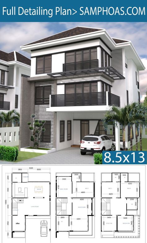 Mar 21, 2019 - 6 Bedrooms House Plan 8.5x13m This villa is modeling by SAM-ARCHITECT With 3 stories level. It's has 4 bedrooms. 4 Bedroom 8x12m House descr 6 Bedroom House Plans, 3 Storey House Design, Picture Profile, Pelan Rumah, Arsitektur Masjid, Two Story House, 6 Bedroom House, Duplex House Plans, House Construction Plan