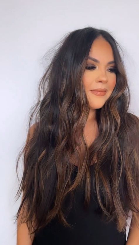 Black Roots To Brown Hair, Shadow Root Dark Hair, Lived In Black Hair, Reverse Balayage Dark Hair, Long Balayage Hair Brunette, Edgy Brown Hair, Dark Brunette Hair With Dimension, Dark Balayage Hair Black, Dimensional Black Hair