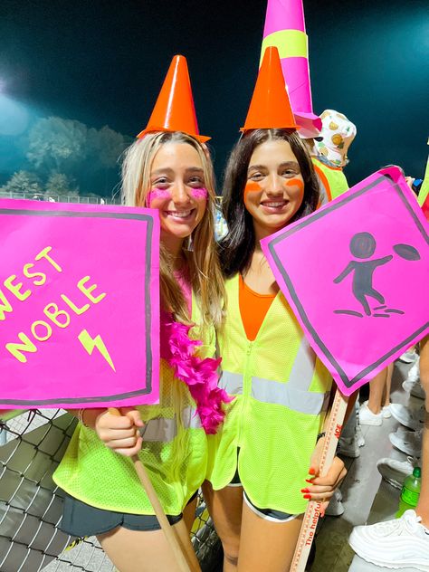 Hawaiian Student Section Theme, Fnl Construction Theme, Glow In The Dark Pep Rally Outfits, Halloween Neon Costume, Construction Dress Up Day High School, Construction Spirit Day Outfit, Neon Pep Rally Outfit, Construction Outfit Football Game, Neon Face Paint Ideas For Football Games