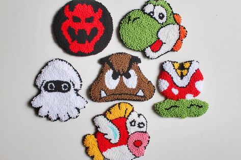 Super Mario Punch Needle Coasters #punchneedlecoaster #mugrug #mario #supermario #cozyhome #gamersetup #tuftedmugrug Mario Punch Needle, Tufting Rugs, Punch Needle Coasters, Punch Needling, Rug Coaster, Mug Rug Patterns, Fabric Gift Wrap, Mario Luigi, Classic Video