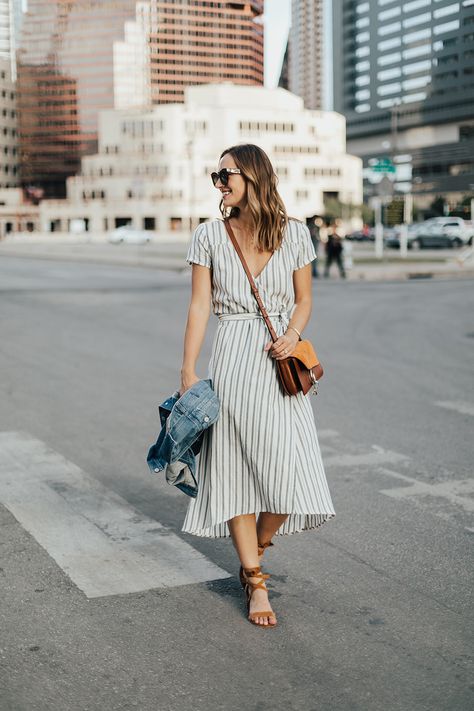 Striped Midi Wrap-Dress - LivvyLand | Austin Fashion and Style Blogger Office Capsule Wardrobe, Wrap Dress Outfit, Minimalist Fashion Summer, Austin Style, Midi Skirt Outfit, Gaun Fashion, Midi Wrap Dress, Fashion Blogger Style, Glamour Fashion