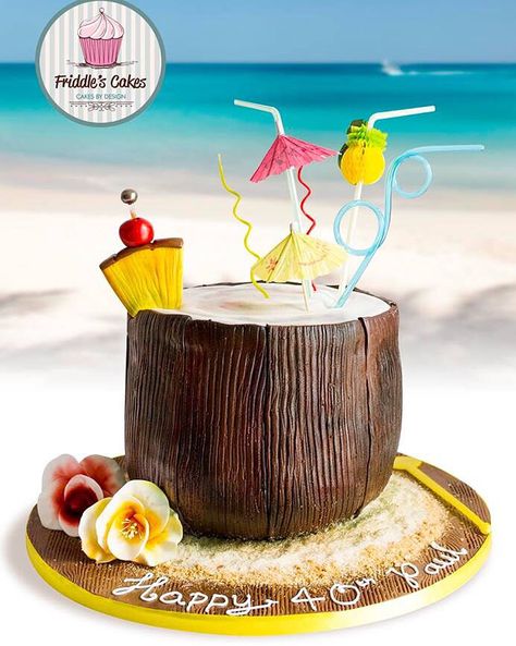 Friddle's cakes coconut cocktail birthday cake Caribbean Birthday Cake, Cocktail Cake Design, Cocktail Birthday Cake, Hawaii Birthday Cake, Cakes Coconut, Palm Tree Cakes, Tiki Cake, Coconut Cocktail, Cocktail Cake