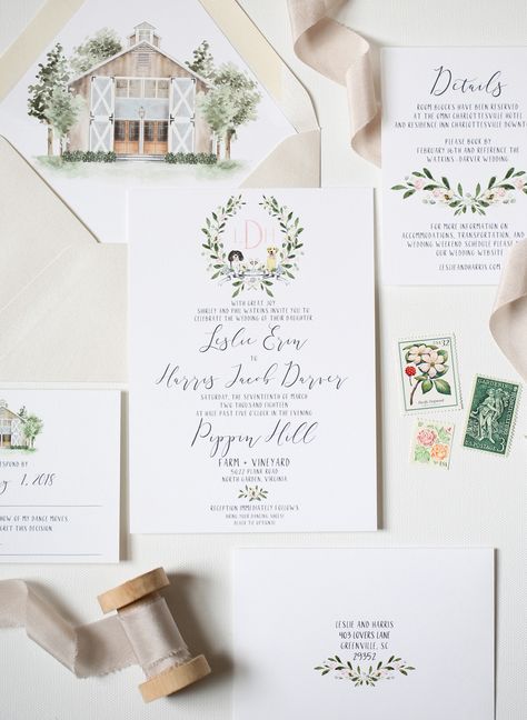 At an elevated farm wedding, the restored barn acted as more than just a ceremony space. The elegant venue also inspired much of the couple's invitation set, from the RSVP card to the envelope liner (all created by Emily Mayne Studio!). Pinterest Wedding Invitations, Boho Floral Wedding Invitations, Shine Wedding Invitations, Wood Guest Book Wedding, Wreath Wedding Invitations, Foil Pressed Wedding Invitations, Glitter Invitations, Wedding Details Card, Wedding Invitations Boho