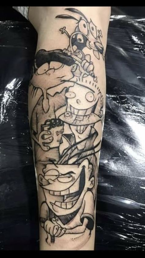 Cartoon Show Tattoos, Cartoon Tattoos Sleeve, 90s Cartoon Tattoos Ideas, Cartoon Network Tattoo Ideas, Cartoon Tattoos For Men, Spongebob Tattoo, Comic Book Tattoo, Tattoo Ideas Males, Character Tattoos