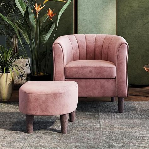 Amazon.com: LINSY Velvet Accent Chair, Barrel Chair with Ottoman, Modern Comfy Reading Chair Armchair for Living Room Study Room Office, Pink : Home & Kitchen Comforting Hug, Comfy Reading Chair, Chest Bedside Table, Comfy Reading, Dining Room Cabinet, Dining Table With Storage, Ottoman Modern, Chair With Ottoman, Sophisticated Decor