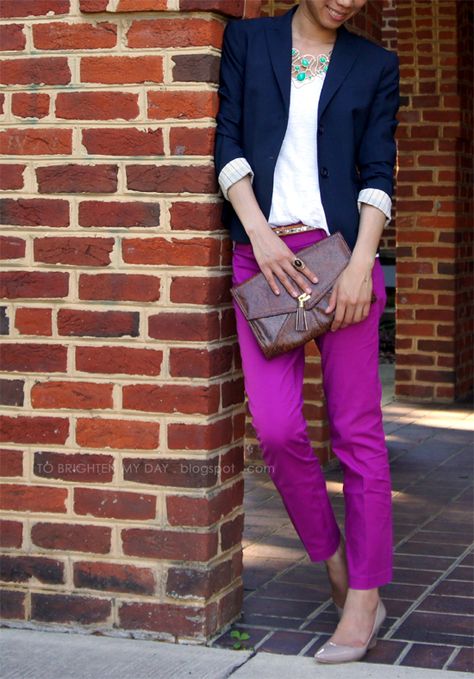 navy blue blazer, white tee, j crew pink/fuchsia pants. I wish I could afford J Crew... Tear. Recipes Chili, Bright Pants, The Holy Bible, Purple Pants, Casual Workwear, Fashion Victim, Top Secret, Work Attire, My Day