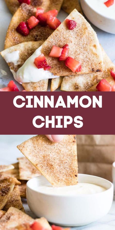 Cinnamon Sugar Tortilla Chips, Cinnamon Chip Recipes, Cinnamon Sugar Tortilla, Cinnamon Sugar Tortillas, Baked Tortilla Chips, Cinnamon Tortilla Chips, Cinnamon Tortillas, Homemade Chips, Queso Fundido