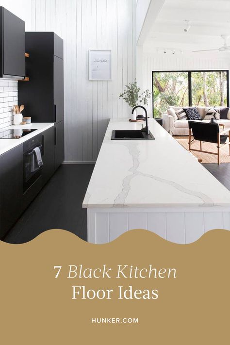 Black Kitchen Floors Ideas, Black Kitchen With Tile Floor, Kitchens With Black Tile Floors, Black Cabinet Flooring, Black Kitchen Floor Tiles Ideas, Kitchen Black And White Floor Tiles, Black Floor White Cabinets Kitchen, Black And White Kitchen Grey Floor, Flooring For Black And White Kitchen