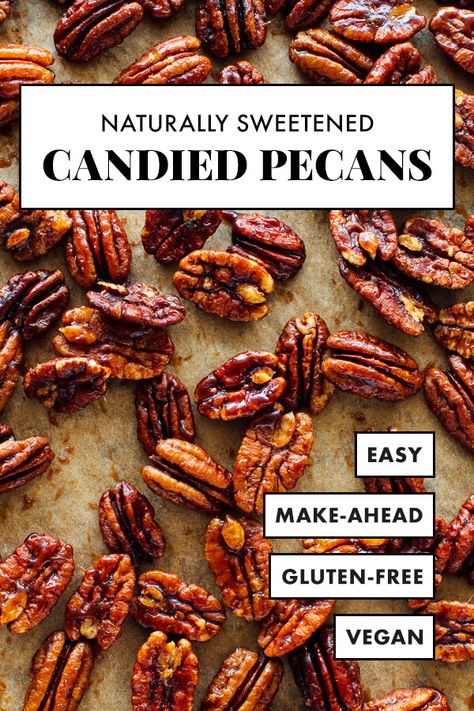 The BEST candied pecans are also naturally sweetened! Toss raw pecan halves in maple syrup and bake—it's easy! Find delicious variations on classic candied pecans in the post, too. #candiedpecans #maplesyrup #naturallysweetened #pecanrecipe #cookieandkate Best Candied Pecans, Candied Pecans Easy, Pumpkin Spice Pecans, Candied Pecans Recipe, Maple Syrup Recipes, Spiced Pecans, Nut Recipes, Pecan Recipes, Candied Nuts