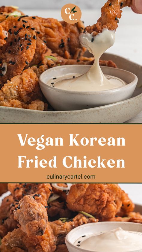 Crispy, crunchy, salty and moreish, these Korean-inspired vegan chicken tenders are my new favourite vegan "chicken" recipe! #chicken #friedchicken #mushrooms #friedmushrooms #snack #snacks #vegan #vegansnacks | culinarycartel.com Vegan Korean Fried Chicken, Vegan Chicken Tenders, Vegan Korean Recipes, Vegan Chicken Recipes, Fried Mushroom Recipes, Snacks Vegan, Vegan Fried Chicken, Vegan Fries, Chicken Mushroom Recipes