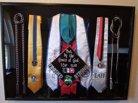 Grad Cap Display, Ranch Style Interior Design, Senior Memories, Graduation Shadow, Graduation Cords, Diploma Display, Graduation Display, Shadow Box Graduation, Academic Regalia