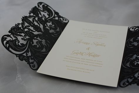 Dark and dramatic, this black laser-cut wedding invitation is a flawless introduction to your wedding day. The black wrap features intricately laser-cut flourishes that wrap around your custom invitation. Open it up to reveal your wording, which is printed in thermography ink on either white or ecru paper stock. This unique printing technique results in raised lettering you can feel, which adds to the luxurious experience of this printed piece. Black Swan Invitations, Quinceañera Aesthetic, Black And White Wedding Invitations, Laser Cut Invitation, Raised Letters, Laser Cut Wedding Invitations, Laser Cut Wedding, Black And White Wedding, Black White Wedding