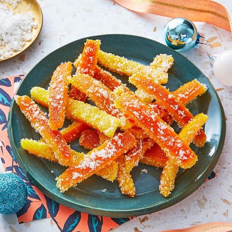 candied orange peel recipe Candied Orange Peel Recipe, Orange Peel Recipe, Homemade Christmas Candy, Candied Orange Peels, Chex Mix Christmas, Christmas Candy Homemade, Sanding Sugar, Candied Orange, Orange Peels