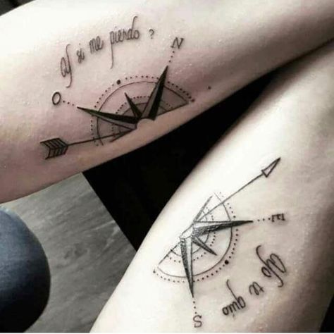 Matching Compass Tattoos Couples, Married Couple Tattoos, Partner Tattoos, Floral Back Tattoos, Compass Rose Tattoo, Tattoo Couple, Cute Couple Tattoos, Couple Tattoos Unique, Men Tattoos Arm Sleeve