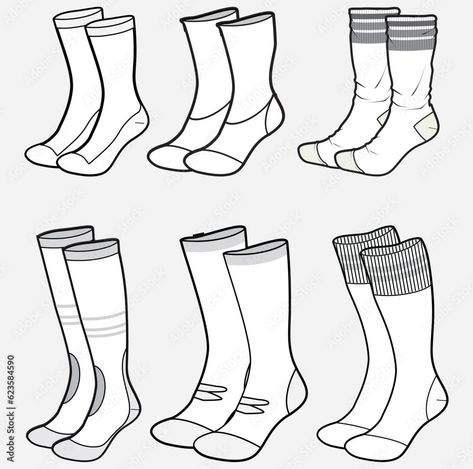 Sketch Fashion Illustration, Socks Illustration, Socks Drawing, Fashion Illustration Drawing, Knee Length Socks, Accessories Design Sketch, Feet Drawing, Socks Design, Flat Drawings