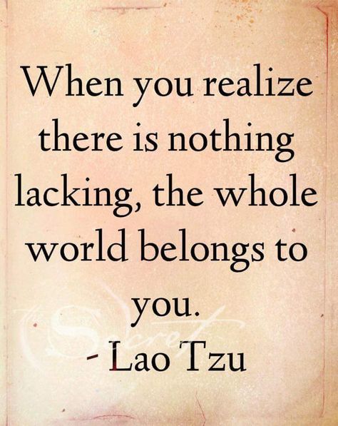 When you realize there is nothing lacking, the whole world belongs to you. www.thesecret.tv Now Quotes, Secret Quotes, Lao Tzu, Secret Law Of Attraction, Manifestation Law Of Attraction, When You Realize, How To Manifest, Spiritual Awakening, Law Of Attraction