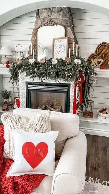 Valentines Decor Living Room, Valentine’s Day Mantle, Valentines Mantle Decor, Valentine Mantle Decor, Valentines Decorations For Home, Valentine Mantle, Valentine Decoration Ideas, Valentine Decor Ideas, Dreamy Bed