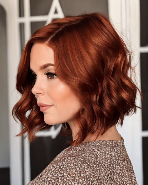 Medium-Length Auburn Curls with Side Part Auburn Lob Hair, Auburn Hair Bob Haircut, Auburn Lob Hairstyle, Dark Auburn Bob Haircut, Rich Copper Red Hair, Auburn With Dimension, Auburn Bob, Brown Auburn Hair, Dark Blonde Balayage