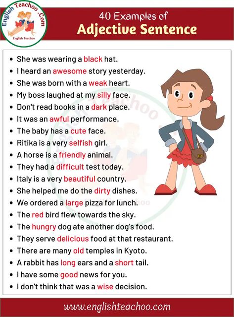 Example Of Adjective Sentence, Adjective Examples, Adjectives Grammar, Examples Of Adjectives, English Speaking Book, Positive Adjectives, 10 Sentences, Adjective Words, English Sentence