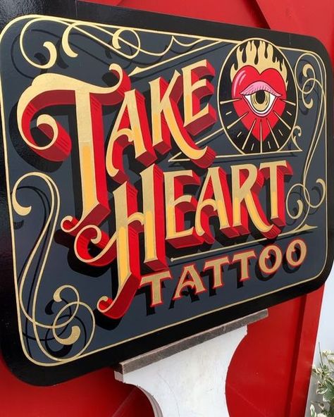 Best Dressed Signs on Instagram: "Projecting sign and window combo for @take.heart.tattoo.  Thanks to Lauren for having us come paint your shop, you guys rule!!! ❤️🤘   #tattooshop #handpainted #letteringart #signpainting #bostonsignpainter #tattoosketch #signwriting #tattoodesign #takehearttattoo" Tattoo Studio Interior, Circus Signs, Painting Lettering, Sign Lettering, Sign Painting Lettering, Typography Designs, Acrylic Markers, Door Art, Sign Painting