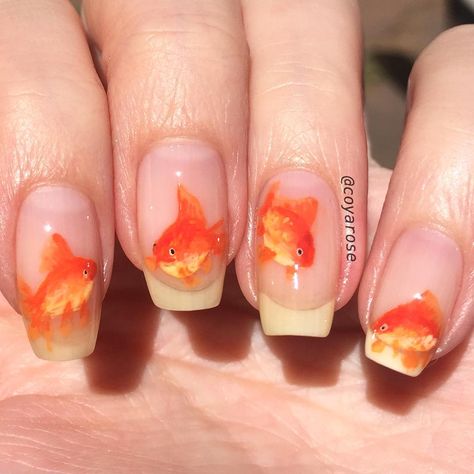 Negative space goldfish fish koi nails nail art Fish Nails, Koi Fish Drawing, Red Delicious Apples, Red Fish Blue Fish, Live Fish, Nail Pictures, Cherry Blossom Tattoo, Fish Drawings, Really Cute Nails