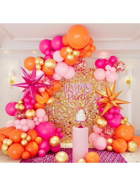 Pink Orange Balloon Garland Arch Kit, 134pcs Hot Pink Orange Metallic Gold Latex Balloons With Hot Pink And Orange Exploding Star Foil Balloons For Birthday Summer Tropical Wedding Party Decorations Multicolor    Latex     Event & Party Supplies, size features are:Bust: ,Length: ,Sleeve Length: Pink Orange Gold Party, Orange Pink Party Decor, Pink And Orange Themed Party, Hot Pink 30th Birthday Party, Pink Orange Birthday Party, Colorful Decorations Party, Pink And Orange Balloons, 30th Birthday Party Themes For Women Decoration, 2024 Party Trends