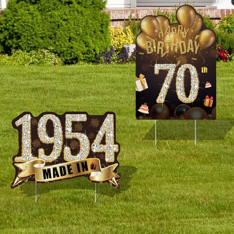 PRICES MAY VARY. [Unique Design]: This 'happy birthday yard sign' features an elegant black and gold theme with shining numbers "70", "1954", and is adorned with cakes, gifts, balloons, fireworks, and other rich party decoration elements. It's the ideal choice for 70th birthday decorations, suitable for both men and women, making it the best decoration for milestone birthday parties. [Package Includes]: The package includes 2pcs of black gold 70th birthday yard sign stakes. It contains 1pcs "Hap 60th Birthday Ideas, Selamat Hari Jadi, 90th Birthday Decorations, Happy Birthday Yard Signs, 70th Birthday Decorations, Happy 75th Birthday, Sign Decorations, 60th Birthday Decorations, Birthday Decorations For Men