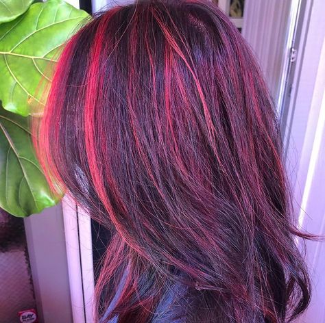 Curtain Bangs Red Highlights, Curtain Bangs With Red Highlights, Red Bangs Brown Hair, Red Curtain Bangs, Red Hair With Curtain Bangs, Bangs And Highlights, Black Hair With Red Highlights, Red Highlights In Brown Hair, Burgundy Red Hair