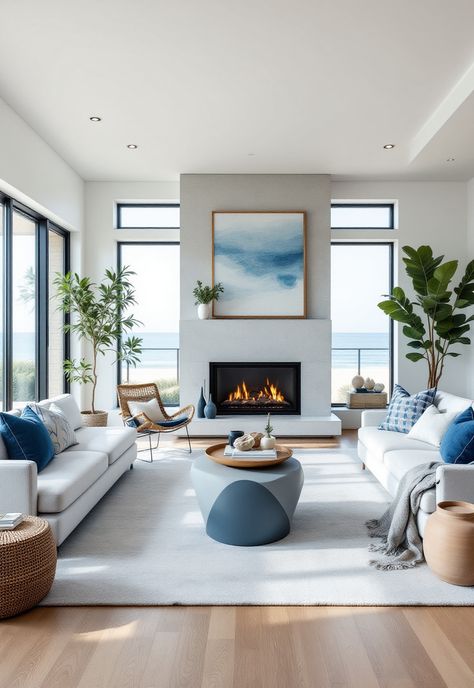 Coastal Living Room Coastal Sitting Room Ideas, Modern Florida Home Interiors, Moody Coastal Decor, California Coastal Interior Design, Driftwood Tables, Lake House Aesthetic, Coastal Living Rooms Ideas, Organic Coastal, Modern Coastal Design