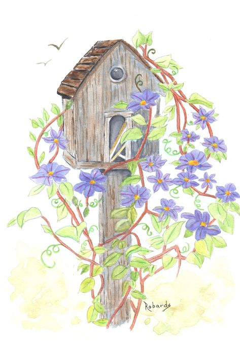 Pincel Drawing, Spring Drawing, Watercolour Ideas, Spring Birds, Diy Watercolor Painting, Diy Watercolor, Simple Acrylic Paintings, House Drawing, Spring Art