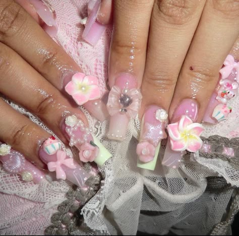 Gyaru Nails Tropical, Nails Pink White, Gyaru Nails, Junk Nails, Punk Nails, Aesthetic Nails, Cute Acrylic Nail Designs, Her Nails, Hello Kitty Nails