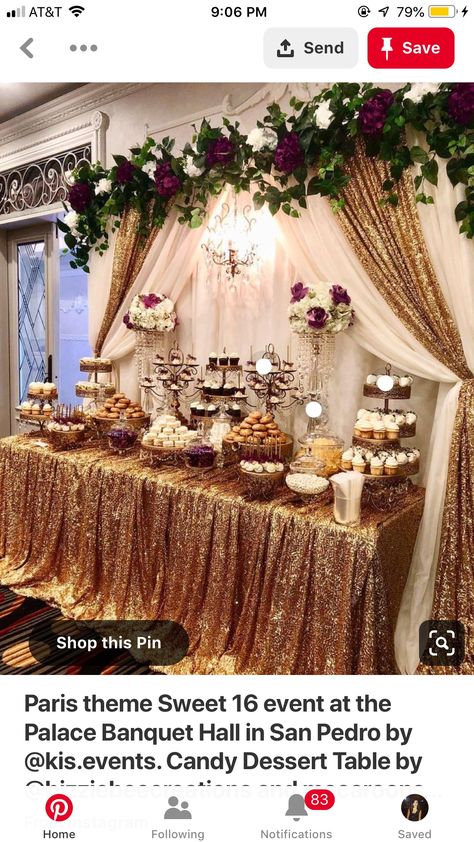 Wedding Dessert Table Elegant, Flower Desserts, Diy Curtain, Gold Cake Stand, Curtain Backdrop, Quince Decorations, Quinceanera Decorations, Wedding Dessert Table, Quinceanera Party