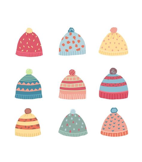 Cute vector winter hats. Multicolored knitted hats. Winter Hat Illustration, Winter Hat Drawing, Hat Illustration, Hats Knitted, Kids Winter Hats, Cute Vector, Wooly Hats, Illustration Ideas, Hat Print