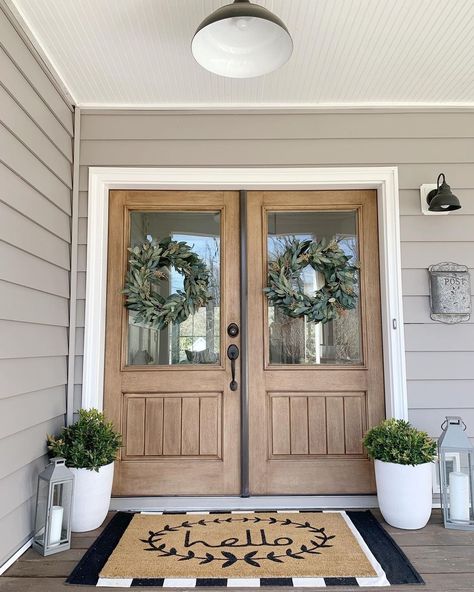 Double Door Entryway Exterior Decor, Country Front Door The Home Depot, Farmhouse Double Front Door Entrance, Therma Tru Front Door Wildflower Honey, Painteddouble Front Entry Doors Farmhouse, Small Front Porch Decorating Ideas, Front Porch Decorating Ideas, Double Door Entryway, Double Door Entrance