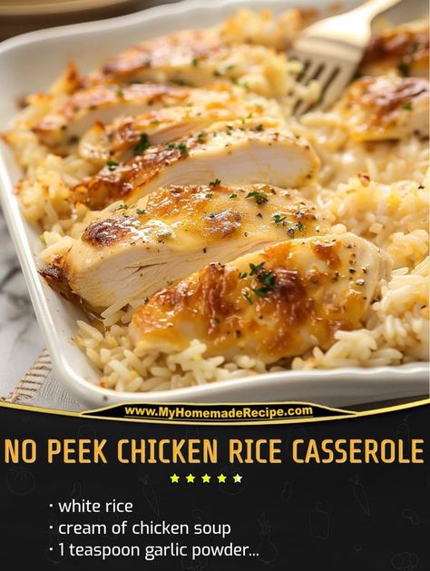 Kylie Recipes | No Peek Chicken Rice Casserole | Facebook No Peek Chicken, Long Grain White Rice, No Peek, Quick Soup Recipes, Chicken Rice Casserole, Creamy Rice, Cream Of Celery Soup, Low Sodium Chicken Broth, Grandmas Recipes