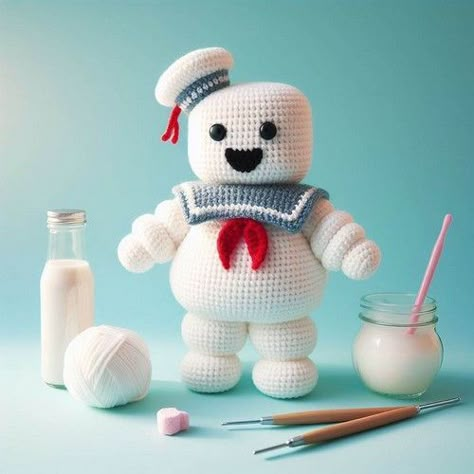 Crochet Stay Puft Marshmallow Man Amigurumi Pattern Crochet Ghostbusters Free Pattern, Crochet Stay Puft Marshmallow Man, Ghostbusters Crochet Pattern, 2022 Toys, Crochet Stuffy, Crochet Toothless, Yarn Monsters, Desk Buddies, Stay Puft Marshmallow Man