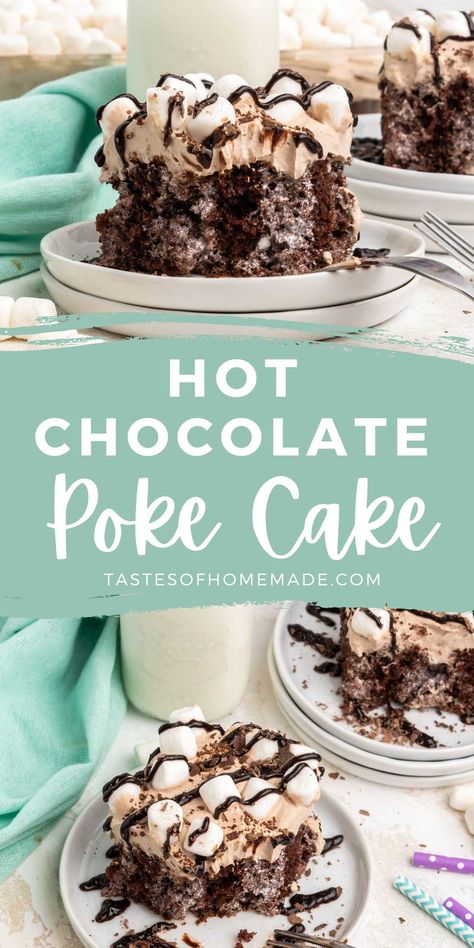 This hot chocolate poke cake is a decadent chocolate cake filled with pockets of marshmallow fluff and topped with fluffy chocolate whipped cream, marshmallows, and chocolate sauce. New Years Poke Cake, Hot Cocoa Poke Cake Recipe, Hot Cocoa Dessert Recipes, Hot Cocoa Poke Cake, Hot Chocolate Poke Cake Recipe, Marshmallow Chocolate Poke Cake, Hot Chocolate Poke Cake, Marshmallow Fluff Cake, Hot Dessert Recipes