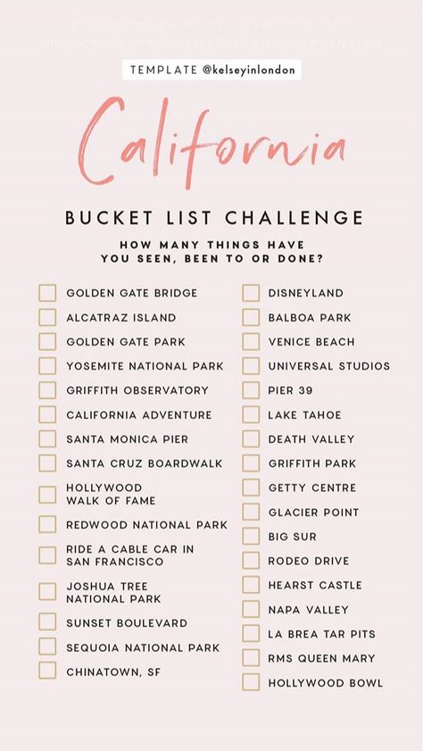 California Bucket List Challenge California Bucket List, List Challenges, West Coast Road Trip, California Travel Road Trips, Travel Checklist, Bucket Lists, Template Instagram, Summer Bucket Lists, Travel List