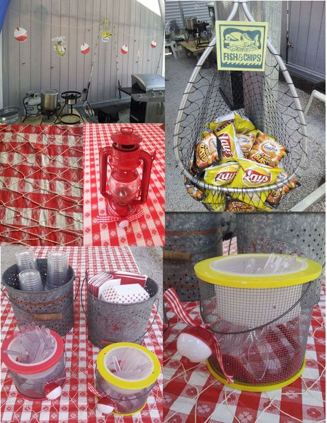 Here's my Fish Fry Decoration Ideas. Antique Minnow buckets for cups, napkins and small fish/ dessert trays.  Cricket containers for utensils with ribbon and bobber. Decorative fishnets over food table cloths.  Fishing nets or basket for goldfish crackers and chips. Citronella lantern centerpieces with ribbon & bobbers on bottom. Cutout bobbers, fish pictures and fishing poles. Fish Fry Table Decorations, Bobber Decorations, Fish Fry Decorations, Fish Fry Decorations Ideas, Fish Fry Party Decorations, Fishing Graduation Party Ideas, Fish Fry Party Ideas, Fishing Centerpieces Ideas, Fish Fry Party